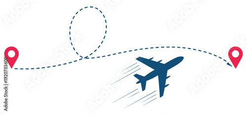 Airplane with flight path vector, isolated on white, illustrating air travel routes and navigation trajectory, perfect for maps, travel apps, and aviation concept designs.