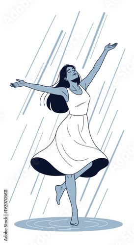 Joyful Woman Embracing Gentle Rain Shower With Open Arms Dancing Free