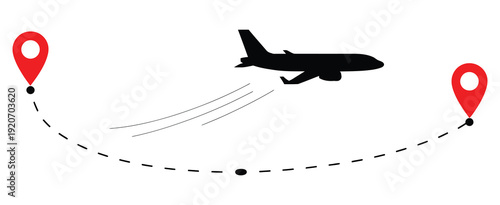Plane and its flight track isolated on white background, vector illustration showing airplane route and navigation path, suitable for travel, aviation, logistics, and digital mapping projects.