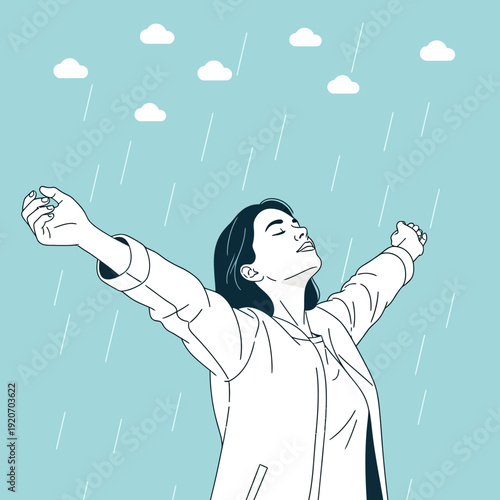 Joyful Woman Embraces Gentle Rain Under Cloudy Sky