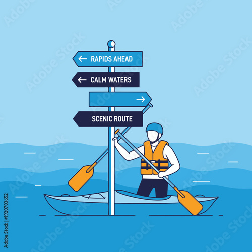 Kayaker Navigates Water Choices With Directional Signpost