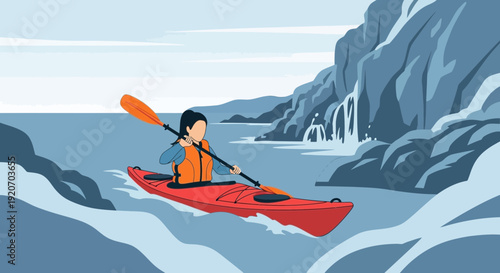Kayaking Adventure Along Rugged Coastal Cliffs With Cascading Waterfall