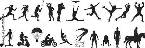 Vector silhouettes of people engaging in various sports and outdoor activities isolated on white background, athletic figures set for lifestyle and fitness design