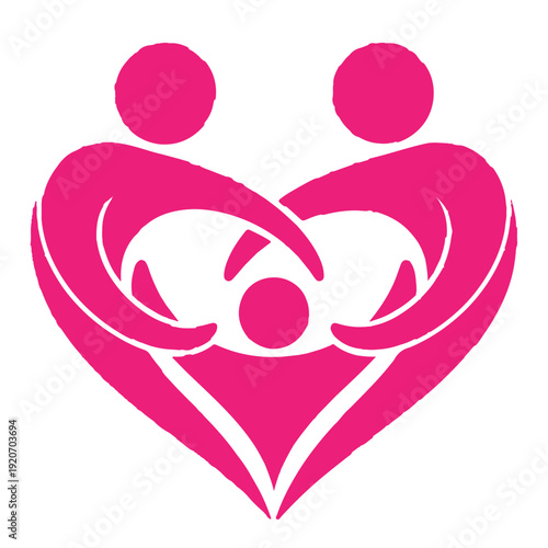 Pink family love logo showing abstract parents embracing child within heart shape on transparent background for maternal health and childhood education projects involving care and support