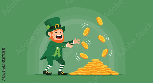 Leprechaun Joyfully Tossing Gold Coins Awaiting Fortune And Wealth