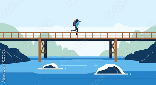 Lone Adventurer Crosses Bridge Over Rushing River Journeying into Distant Mountains
