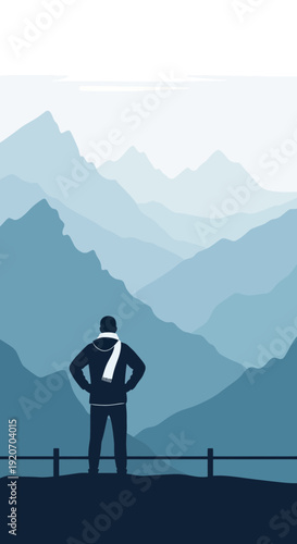 Lone Adventurer Gazing At Majestic Blue Mountain Ranges Serenity And Exploration