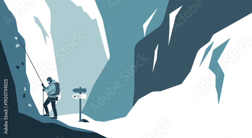 Lone Climber Navigates Icy Terrain With Trekking Pole