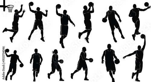 Silhouettes of basketball players in action, dribbling, shooting, dunking, passing, running, basketball game, sports, athletic players, dynamic poses, basketball court