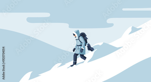 Lone Explorer Navigating a Cold Snowy Mountain Ascent With Backpack