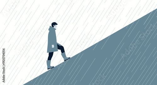 Lone Figure Ascends Steep Slope Amidst Downpour