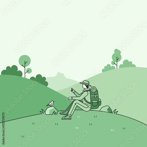 Lone Hiker Resting Amidst Verdant Hills And Birdsong