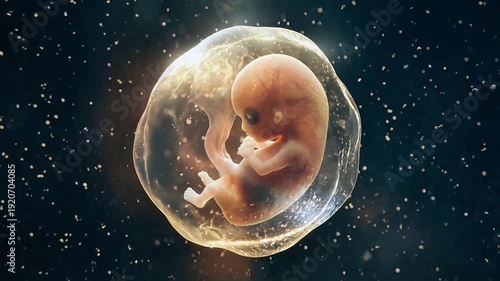 Developing human embryo floating in amniotic sac as it grows and curls inside a dark fluid background
