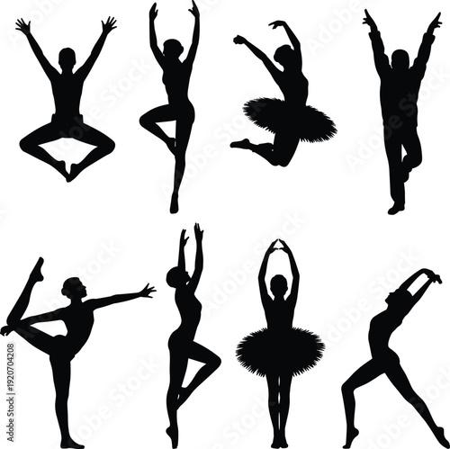 Silhouettes of ballet dancers in various poses, graceful dancers, performing arts, dance movements, elegant 