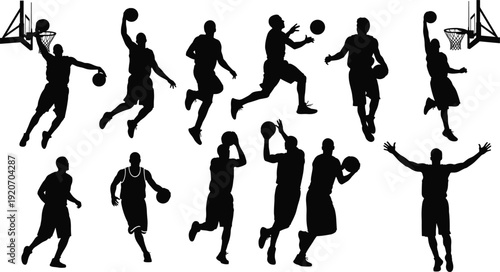 Silhouettes of basketball players in action, dunking, shooting, dribbling, running, passing, jumping, basketball game, athletic players, basketball court, sports movement