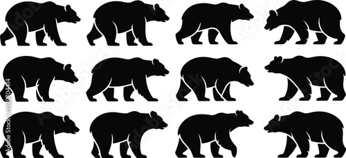 Silhouettes of bears in various walking and standing poses, black bear shapes, wild animal vectors, wildlife nature, forest animals, outdoors wildlife designs