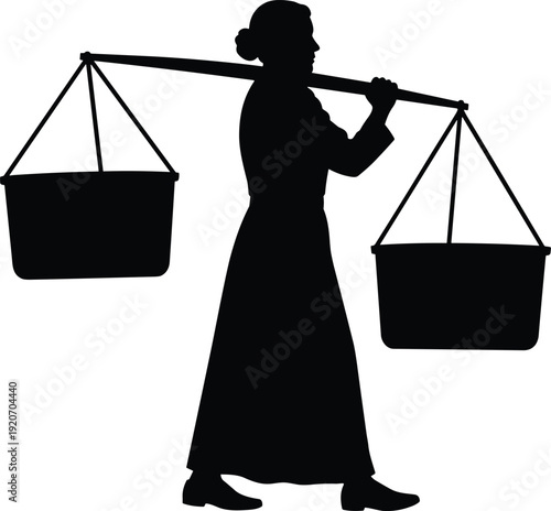 Vector silhouette of a traditional Asian woman carrying baskets on a shoulder pole isolated on white background, female character in rural lifestyle and labor design