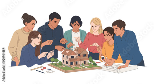 Diverse young people collaborate around a table, building a detailed wooden house model and reviewing blueprints together.