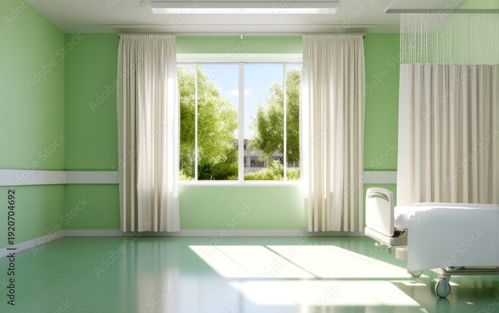 Fototapeta premium Bright Hospital Room with Pastel Green and Beige Walls and Large Windows