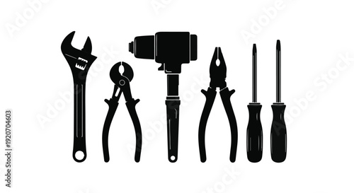 Black silhouette of various hand tools on white background, including wrench, pliers, drill, screwdrivers, and more, for repair, construction, and DIY projects