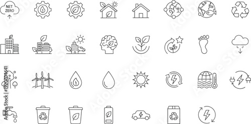 Sustainability and Clean Energy Icons Set, Eco-Friendly Line Art, Net Zero, Recycling, Water Conservation, Renewable Power, Green Living