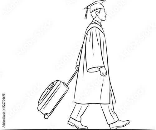 Graduate walking with a suitcase, symbolizing moving on to new adventures and career opportunities after completing studies.