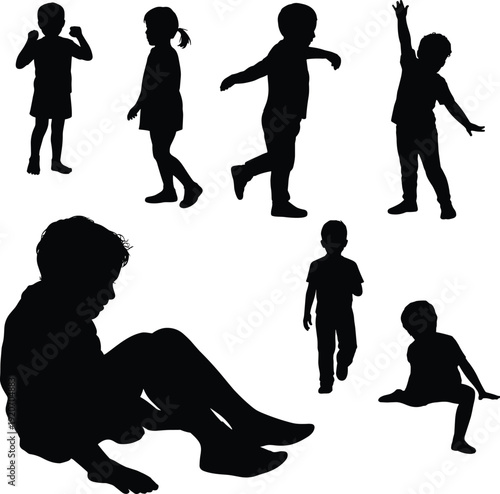 Silhouettes of children playing, running, walking, sitting, jumping, black isolated vector illustration, various kid poses for design elements.
