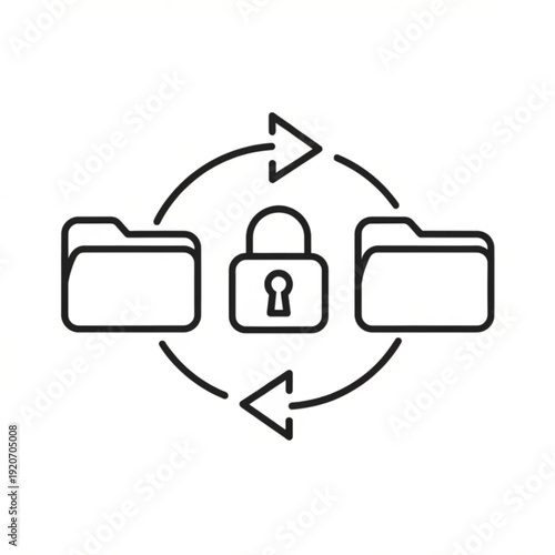 A vector graphic illustrating secure file transfer between two folders with a lock in the middle