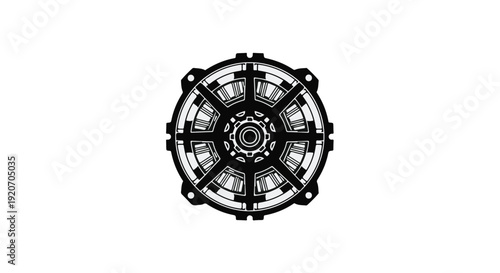 Symmetrical circular mechanical design element with geometric patterns in black and white illustration style