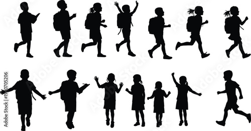 Silhouettes of children with backpacks, walking, running, playing, going to school, education concept, student lifestyle, childhood activity, outdoor learning, fun