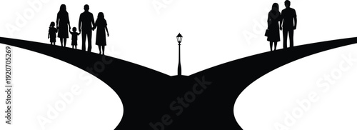 Family decision making silhouette, couple choosing different life paths at crossroads, relationship choice concept, parenting future planning, separation direction illustration