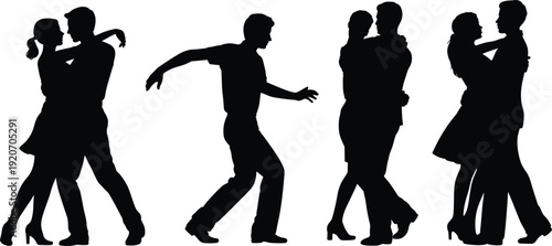 Silhouettes of couples dancing, romantic dance poses, elegant ballroom dancers, dancing partners, movement and grace, love and passion, dance silhouettes