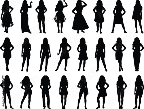 Silhouettes of confident women standing in various poses, fashionable female figures, stylish dresses and outfits, diverse modern women, empowerment and elegance concept