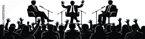 Public speaking panel discussion silhouette, audience raising hands at conference seminar, business leadership debate, interview talk show, communication workshop event
