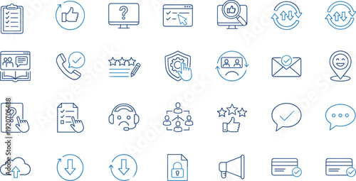 Customer Support Icons, Feedback Symbols, Communication Tools, Data Management, Service Interface, Security Features, Cloud Sync, User Experience Design