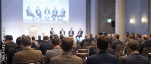 A group of formally dressed people sitting in rows of chairs watching a panel discussion on a large screen in a conference room with a stage and a podium