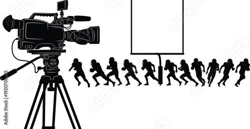 Sports video production silhouette, camera recording rugby players running toward goal post, live broadcast filming, football match coverage concept illustration