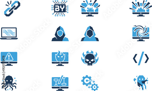 Cybersecurity icons, hacking symbols, computer threat graphics, malware visuals, digital attack, system breach, coding, warning, firewall, botnet
