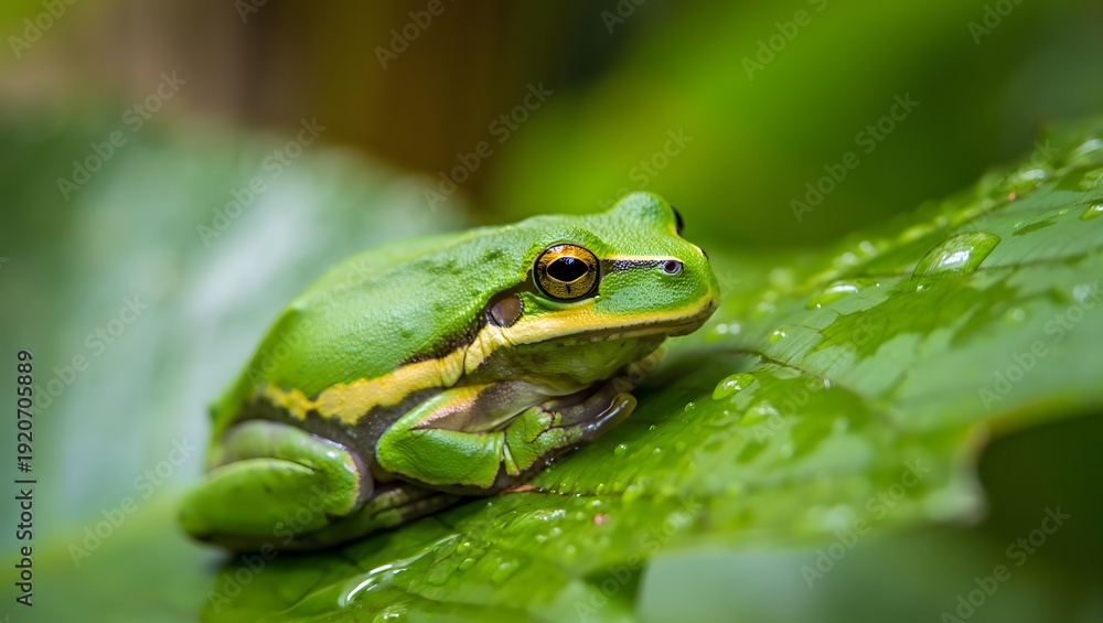 Obraz premium Vibrant green frog sitting on leaf with water droplets in natural habitat
