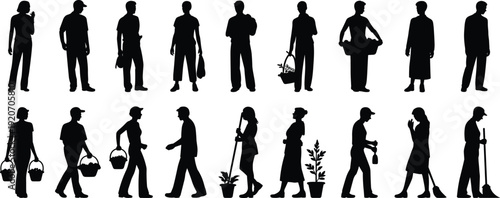 Silhouettes of diverse people walking, carrying baskets, gardening, cleaning, daily activities, teamwork, nature, community, chores, lifestyle, plants, outdoors, urban, healthy living