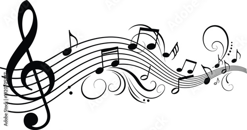 Vector illustration of artistic musical staff with treble clef, notes, flowing rhythm design, abstract creative decorative music motifs