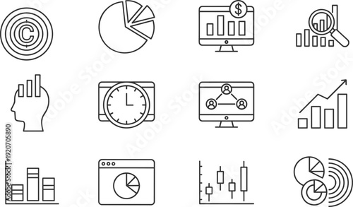 Data analysis icons, business intelligence symbols, statistics graphics, financial charts, analytics visuals, performance tracking, growth, insights, dashboards, reporting