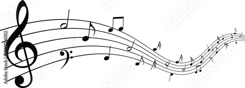 Flowing Musical Staff Illustration Featuring Treble Clef, Bass Clef, Notes, and Dynamic Rhythm Depicting Melody, Harmony, and Artistic Music Concept