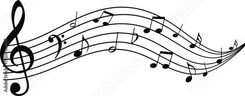 Flowing Musical Staff Illustration Featuring Treble Clef and Notes Depicting Rhythm, Melody, Artistic Music Notation, and Abstract Graphic Concept