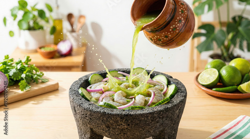 Preparing traditional mexican aguachile with splashing sauce