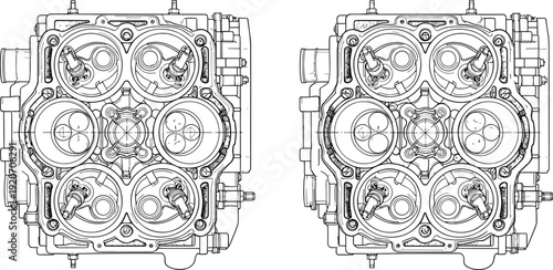 Technical blueprint of car engine cylinders, internal combustion motor valve heads, mechanical engineering line art, automotive piston chamber parts vector
