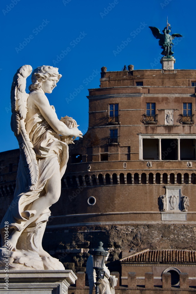 Obraz premium Ponte Sant'Angelo across Tiber River and Castle San Angelo Italy Rome