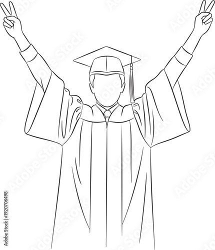 Line art of a triumphant graduate with arms raised in a V-sign, celebrating victory and the end of studies.