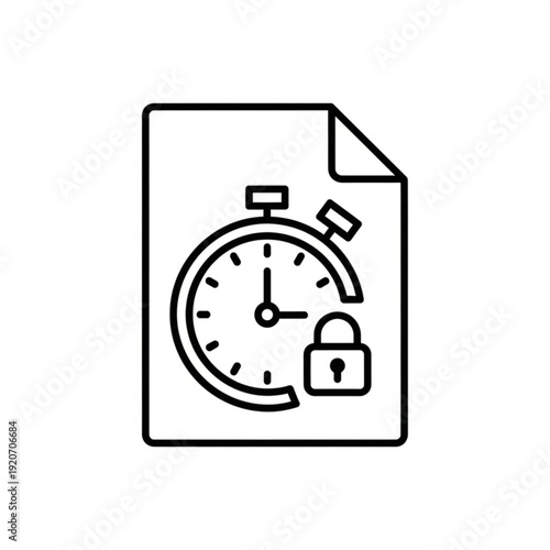 A vector graphic illustration of a document with a stopwatch and lock symbol, representing time management and security