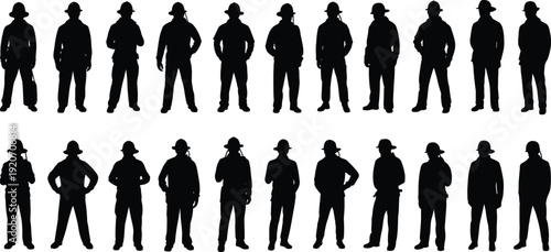 Silhouettes of firefighters in uniform with helmets, standing and posing in various positions, fire safety, emergency responders, teamwork, protection
